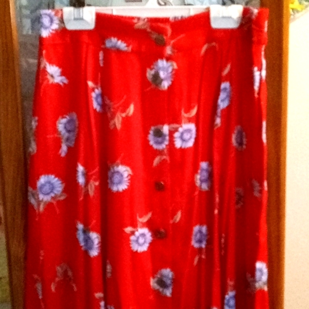 Vintage 80s, Red with Blue Floral,Maxi, Button Down, Skirt
